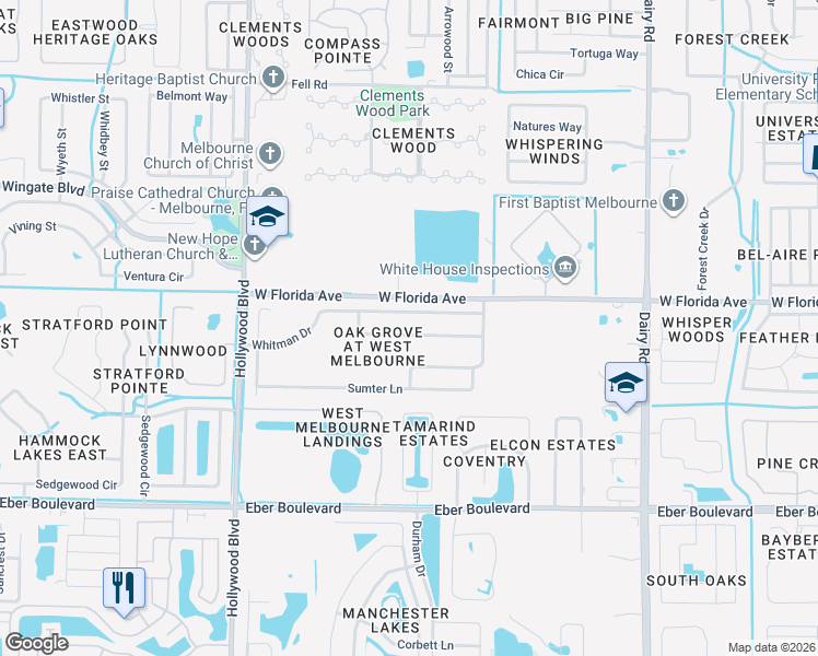 map of restaurants, bars, coffee shops, grocery stores, and more near 1482 Payette Lane in West Melbourne