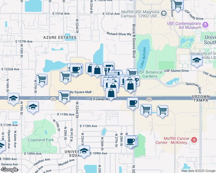 map of restaurants, bars, coffee shops, grocery stores, and more near 11707 Club Drive in Tampa