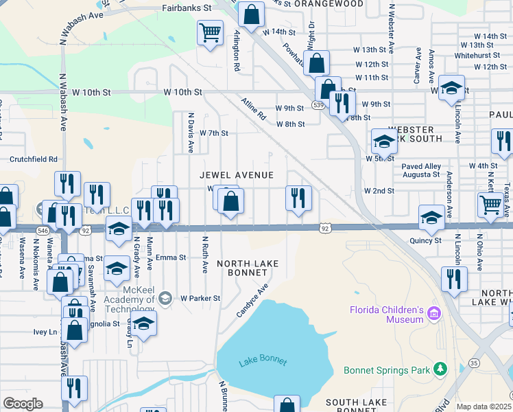 map of restaurants, bars, coffee shops, grocery stores, and more near 1025 Roselle Avenue in Lakeland