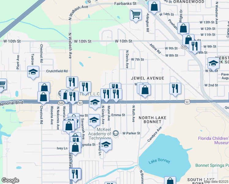 map of restaurants, bars, coffee shops, grocery stores, and more near 1031 N Swindell Ave in Lakeland