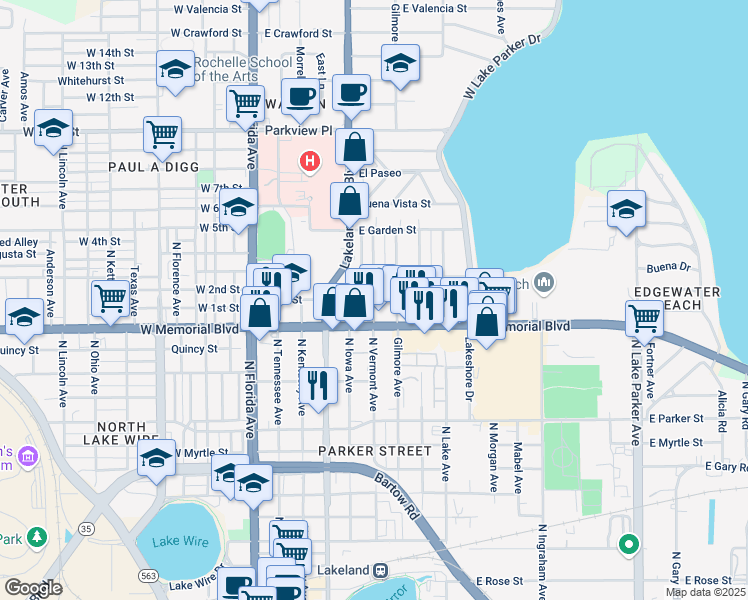 map of restaurants, bars, coffee shops, grocery stores, and more near 1026 North Vermont Avenue in Lakeland