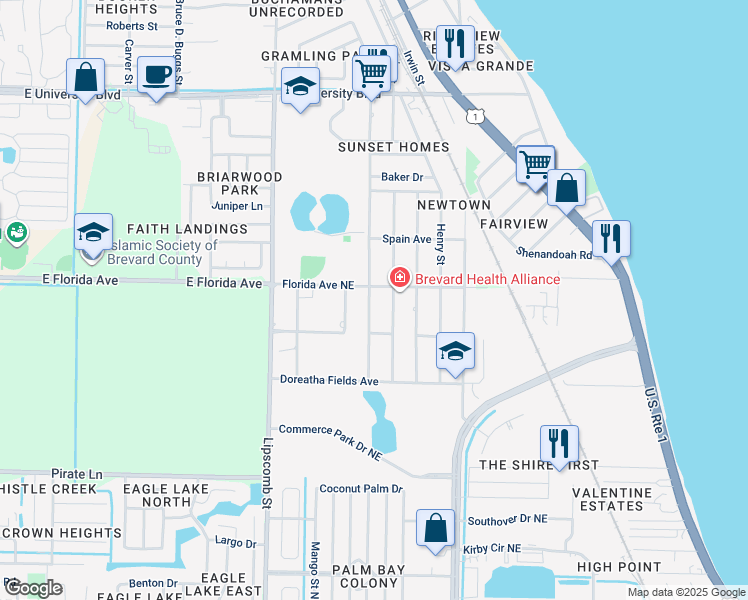 map of restaurants, bars, coffee shops, grocery stores, and more near 2279 Monroe Street in Palm Bay