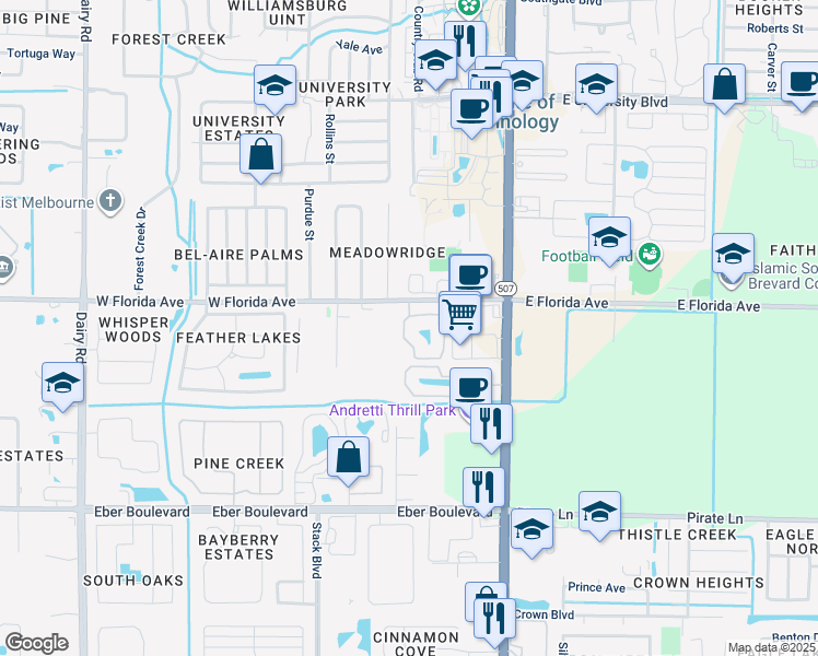 map of restaurants, bars, coffee shops, grocery stores, and more near 3502 D'Avinci Way in Melbourne