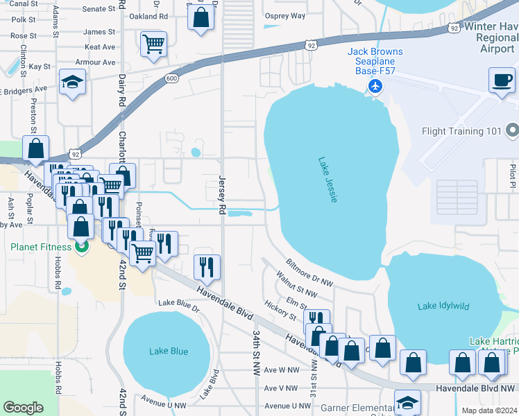 map of restaurants, bars, coffee shops, grocery stores, and more near 3410 Sherry Avenue in Winter Haven