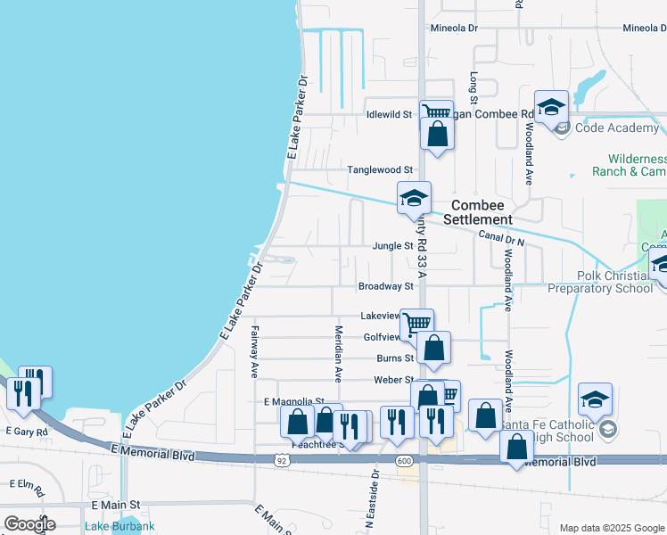 map of restaurants, bars, coffee shops, grocery stores, and more near 1027 Lakewood Court in Lakeland