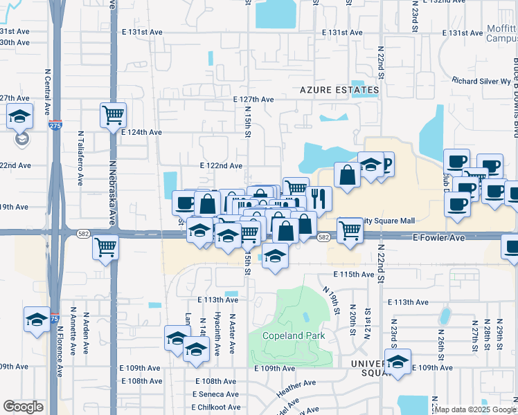 map of restaurants, bars, coffee shops, grocery stores, and more near 11722 North Elmer Street in Tampa