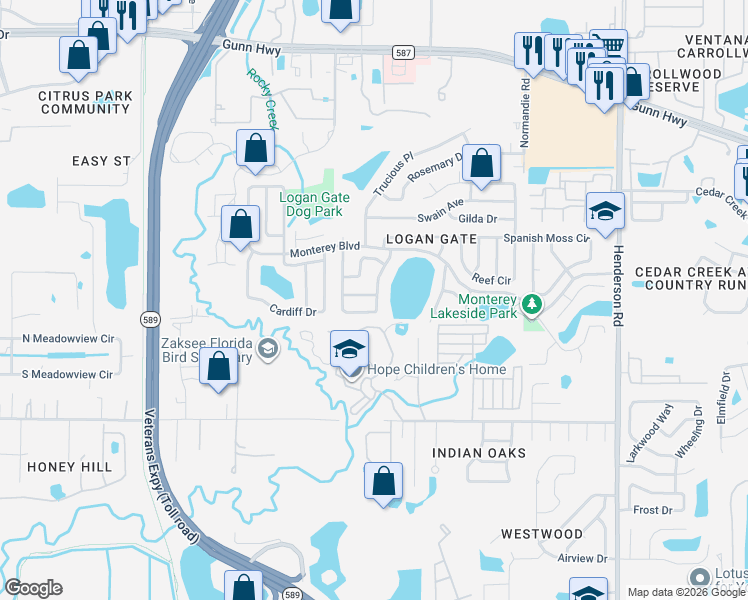map of restaurants, bars, coffee shops, grocery stores, and more near 12509 Mondragon Drive in Tampa