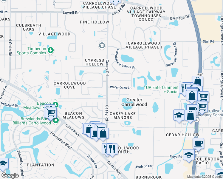 map of restaurants, bars, coffee shops, grocery stores, and more near 11715 Casey Road in Tampa