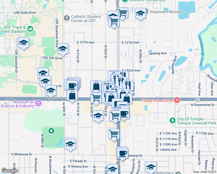 map of restaurants, bars, coffee shops, grocery stores, and more near 11903 North 53rd Street in Temple Terrace