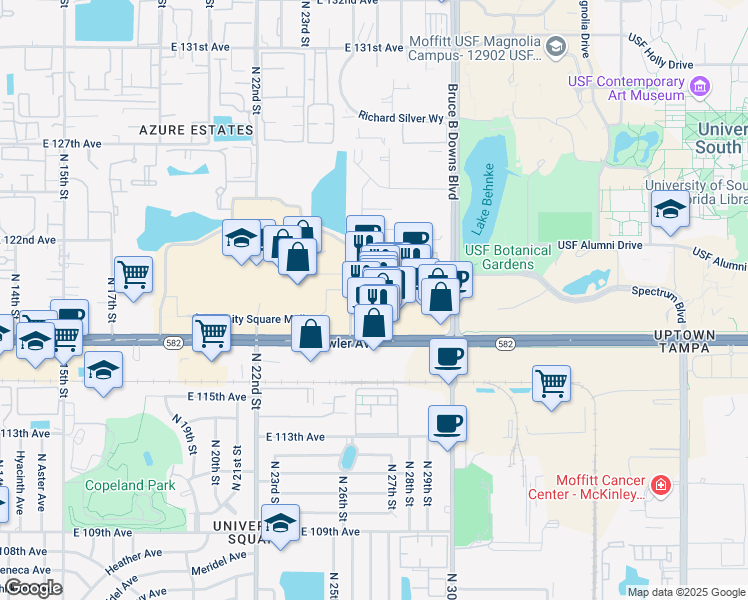 map of restaurants, bars, coffee shops, grocery stores, and more near 2618 East Fowler Avenue in Tampa