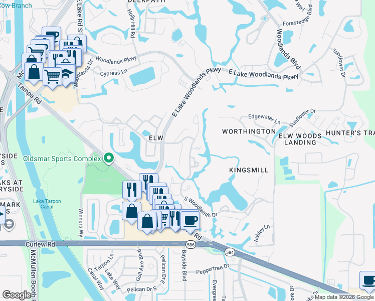 map of restaurants, bars, coffee shops, grocery stores, and more near 370 South Woodlands Drive in Oldsmar