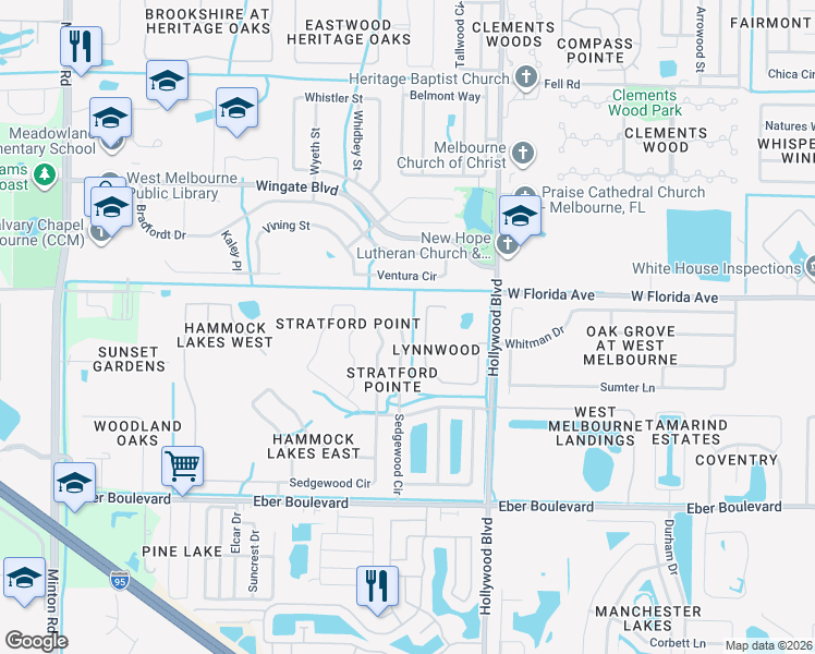map of restaurants, bars, coffee shops, grocery stores, and more near 785 Sedgewood Circle in Melbourne