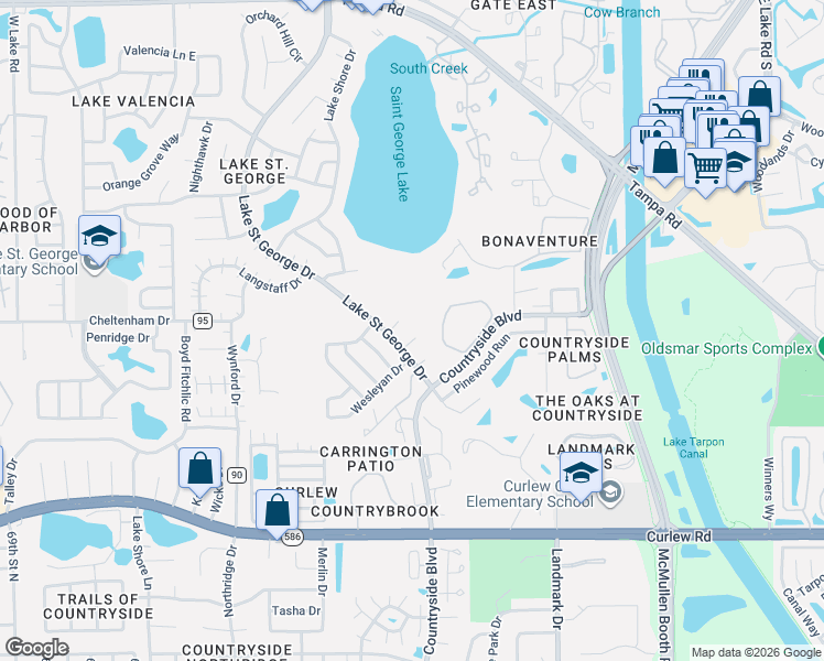 map of restaurants, bars, coffee shops, grocery stores, and more near 2887 Downing Court in Palm Harbor