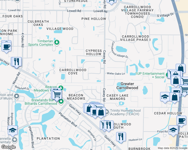 map of restaurants, bars, coffee shops, grocery stores, and more near 11718 Nicklaus Circle in Tampa