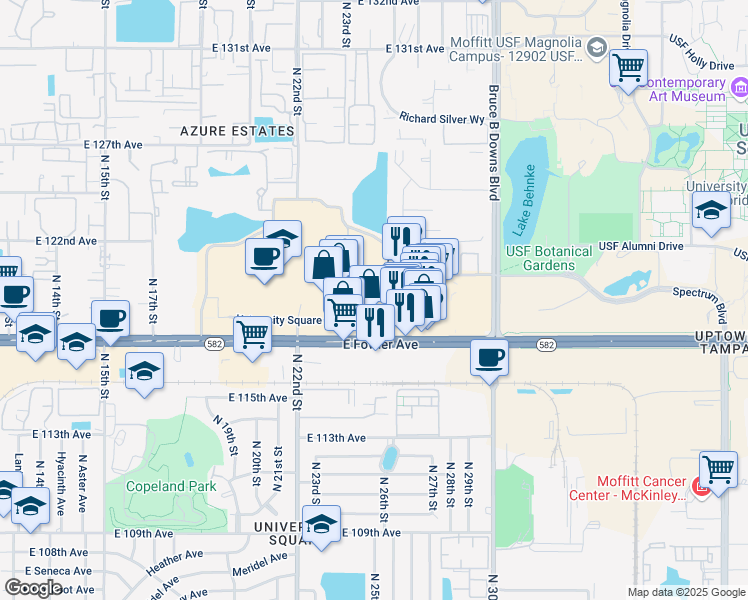 map of restaurants, bars, coffee shops, grocery stores, and more near 11707 Club Dr in Tampa