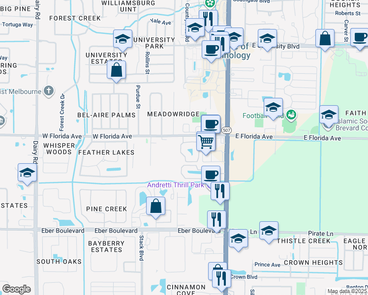 map of restaurants, bars, coffee shops, grocery stores, and more near 3502 D'Avinci Way in Melbourne