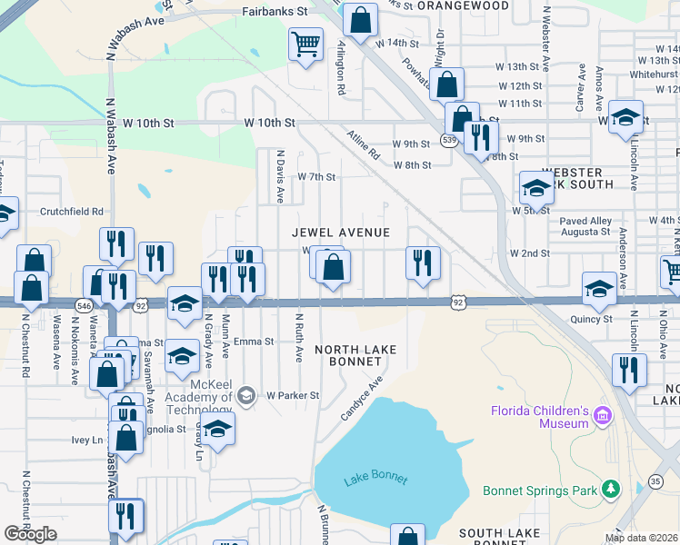map of restaurants, bars, coffee shops, grocery stores, and more near 1028 Jewel Avenue in Lakeland
