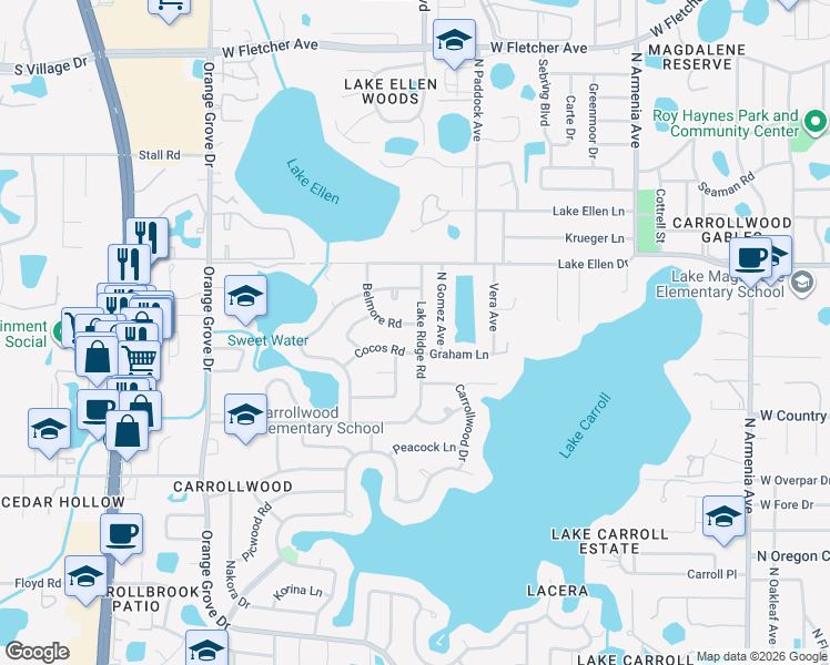 map of restaurants, bars, coffee shops, grocery stores, and more near 11906 Lake Ridge Road in Greater Carrollwood