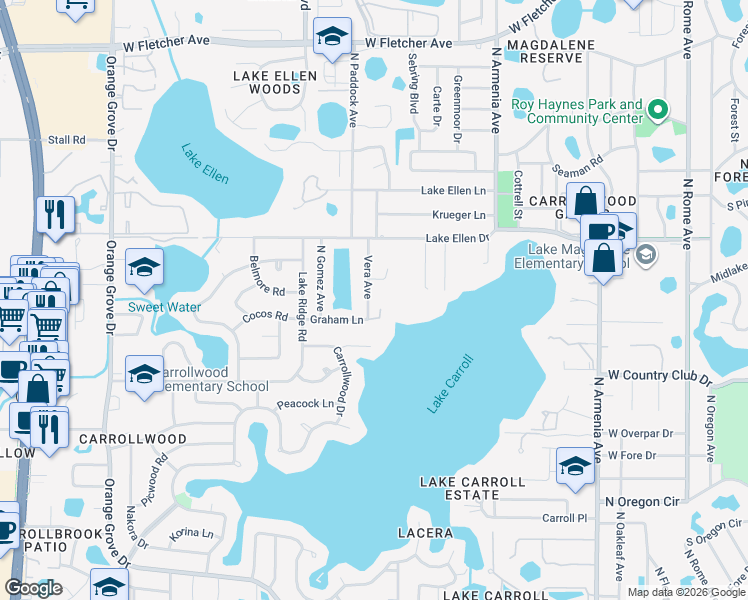 map of restaurants, bars, coffee shops, grocery stores, and more near 11813 Vera Avenue in Tampa