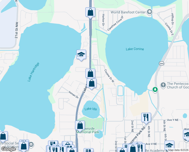 map of restaurants, bars, coffee shops, grocery stores, and more near 823 2nd Street in Winter Haven