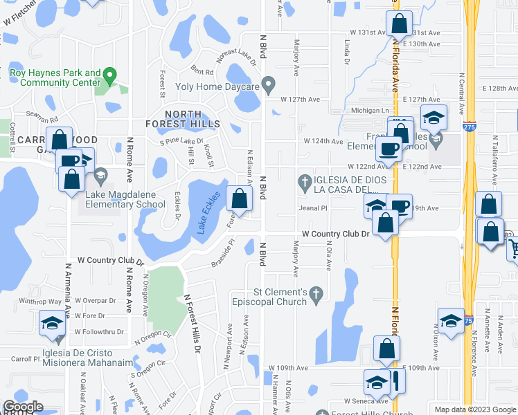 map of restaurants, bars, coffee shops, grocery stores, and more near 11714 North Boulevard in Tampa