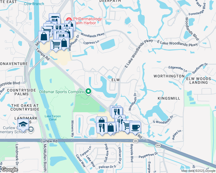 map of restaurants, bars, coffee shops, grocery stores, and more near 112 Nina Way in Oldsmar