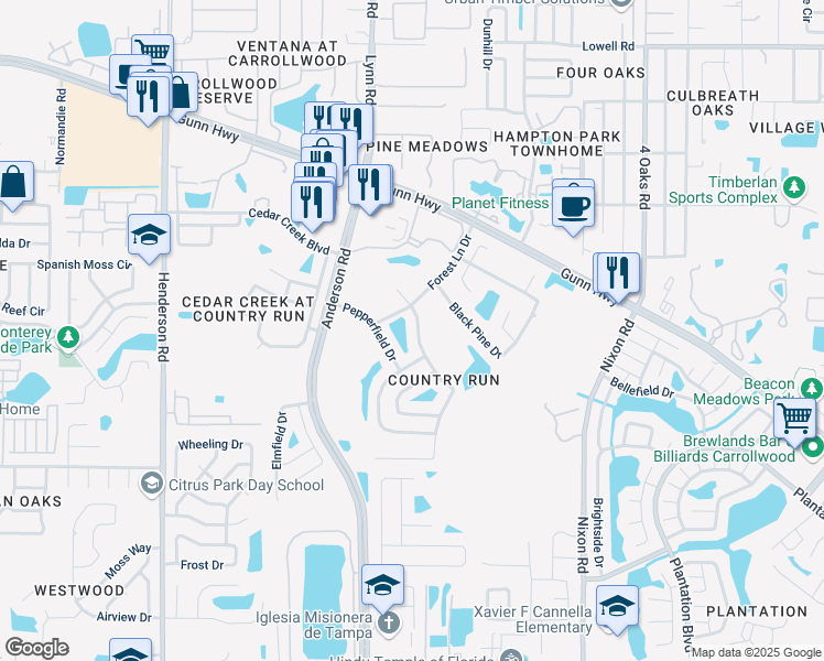 map of restaurants, bars, coffee shops, grocery stores, and more near 12424 Hidden Brook Drive in Tampa