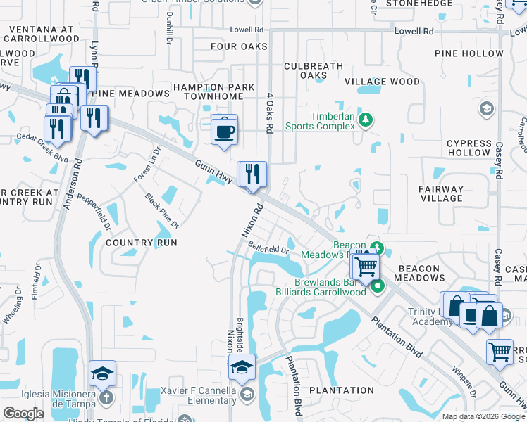map of restaurants, bars, coffee shops, grocery stores, and more near 5412 Marlwood Court in Tampa