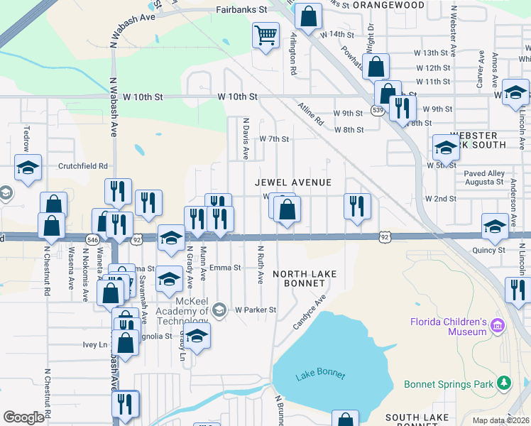 map of restaurants, bars, coffee shops, grocery stores, and more near 1027 North Ruth Avenue in Lakeland