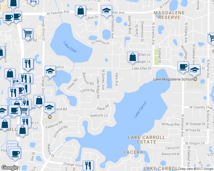 map of restaurants, bars, coffee shops, grocery stores, and more near 11907 North Gomez Avenue in Tampa