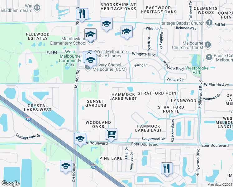map of restaurants, bars, coffee shops, grocery stores, and more near 1126 Stockbridge Way in West Melbourne