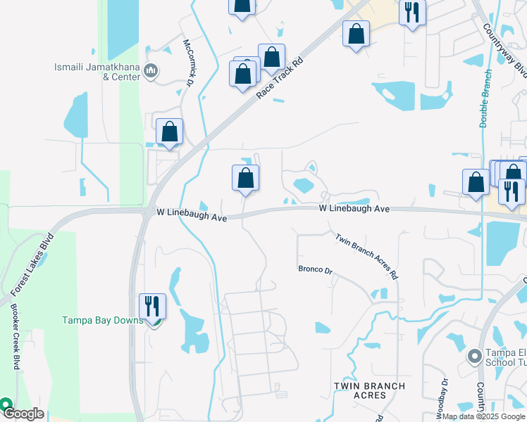 map of restaurants, bars, coffee shops, grocery stores, and more near 13028 West Linebaugh Avenue in Westchase