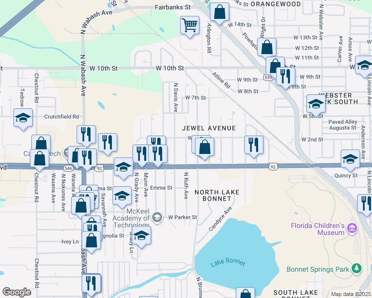 map of restaurants, bars, coffee shops, grocery stores, and more near 1029 North Ruth Avenue in Lakeland
