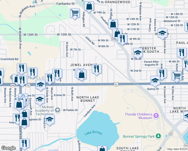 map of restaurants, bars, coffee shops, grocery stores, and more near 1025 Roselle Avenue in Lakeland