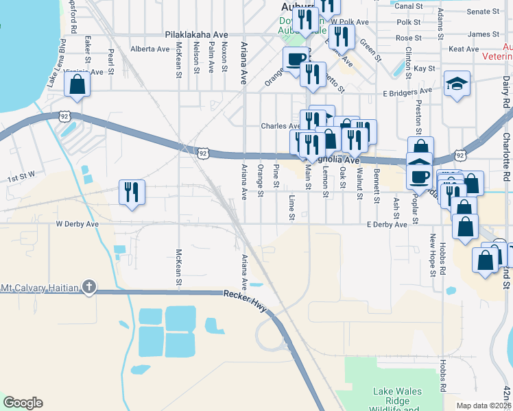 map of restaurants, bars, coffee shops, grocery stores, and more near 610 Orange Street in Auburndale