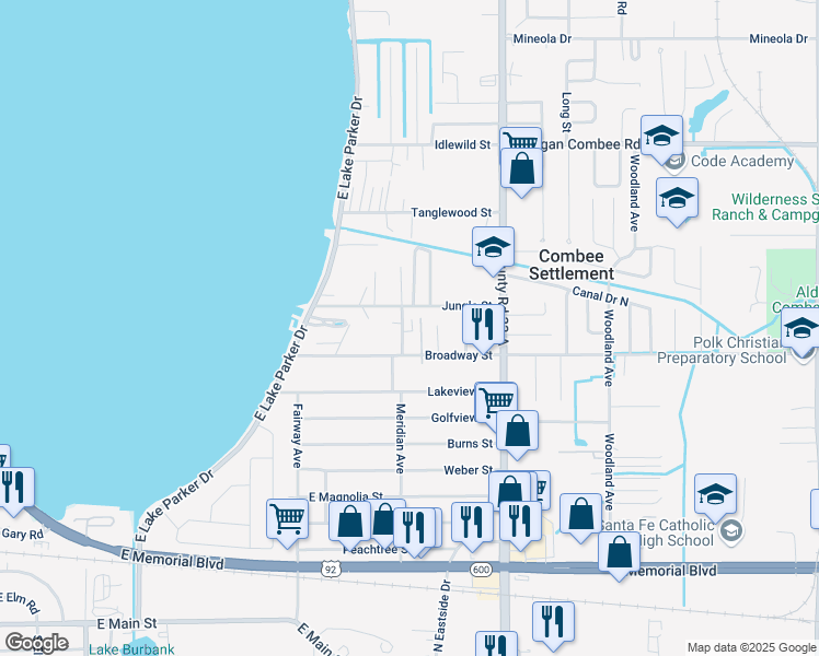 map of restaurants, bars, coffee shops, grocery stores, and more near 1027 Lakewood Court in Lakeland