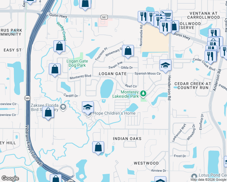map of restaurants, bars, coffee shops, grocery stores, and more near 12416 Queensland Lane in Tampa