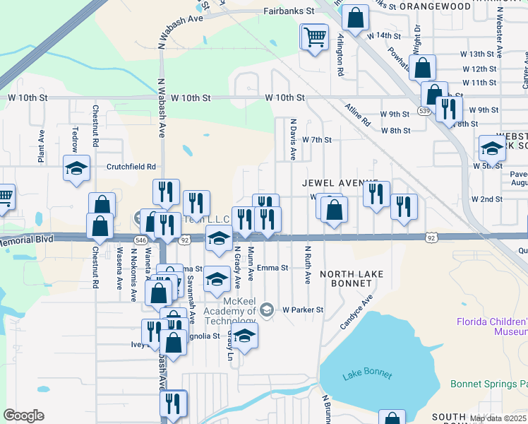 map of restaurants, bars, coffee shops, grocery stores, and more near 1031 North Swindell Avenue in Lakeland