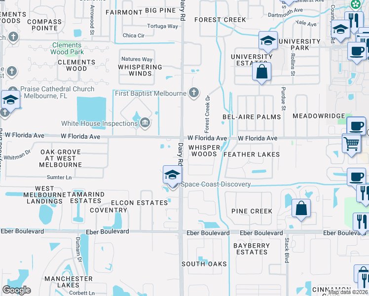 map of restaurants, bars, coffee shops, grocery stores, and more near 3368 Dairy Road in Melbourne