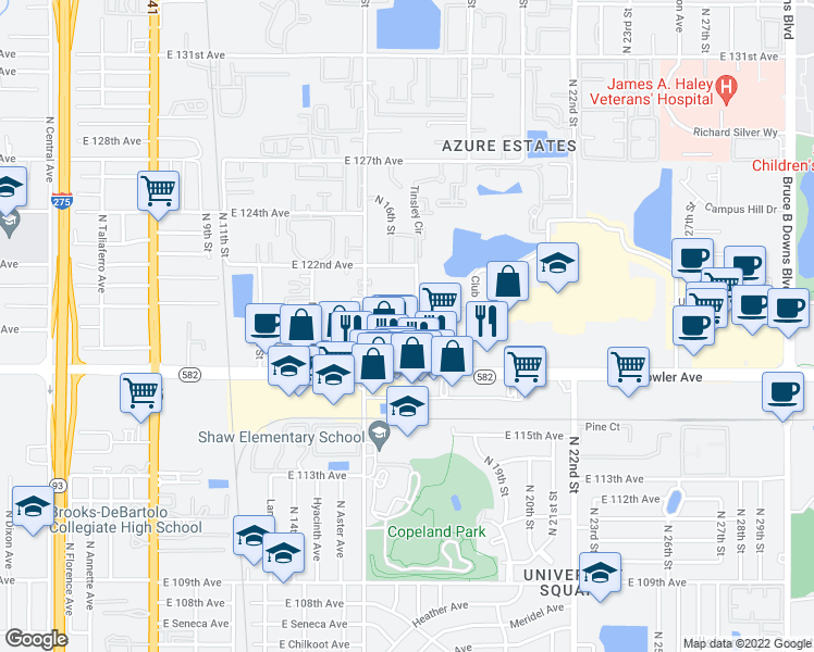 map of restaurants, bars, coffee shops, grocery stores, and more near 11722 North Elmer Street in Tampa