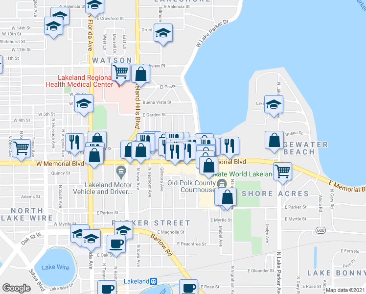 map of restaurants, bars, coffee shops, grocery stores, and more near 744 East 1st Street in Lakeland