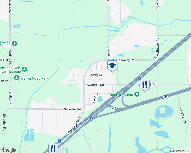map of restaurants, bars, coffee shops, grocery stores, and more near 3446 Kathy Court in Lakeland