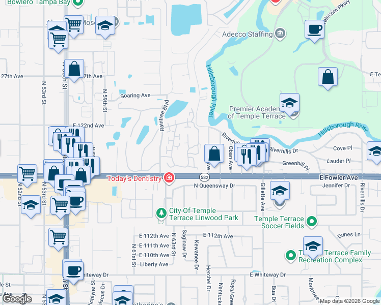 map of restaurants, bars, coffee shops, grocery stores, and more near 11783 Raintree Drive in Tampa