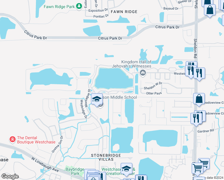 map of restaurants, bars, coffee shops, grocery stores, and more near 9628 Lake Chase Island Way in Tampa