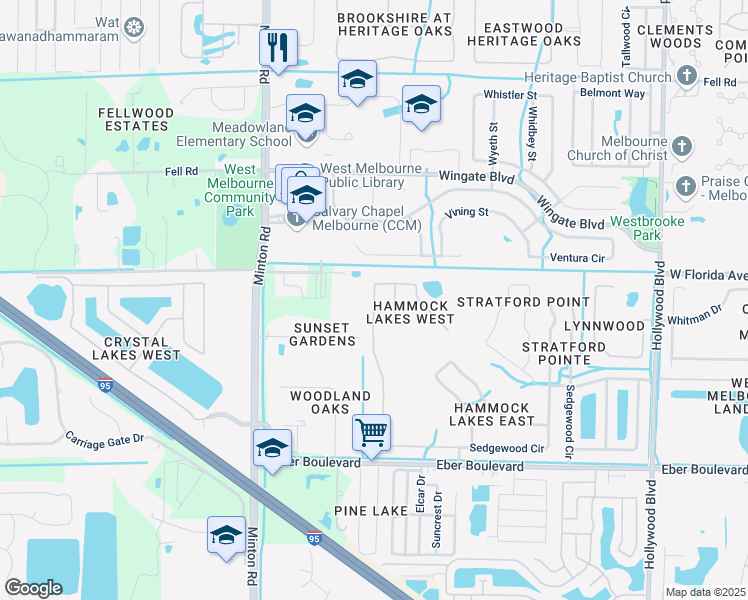 map of restaurants, bars, coffee shops, grocery stores, and more near 1126 Stockbridge Way in West Melbourne