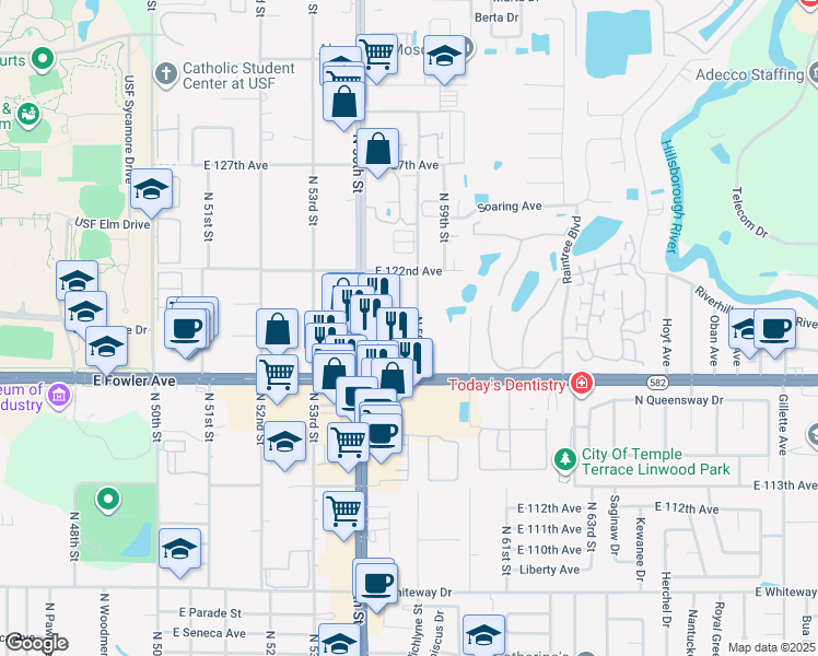 map of restaurants, bars, coffee shops, grocery stores, and more near 11715 North 58th Street in Tampa