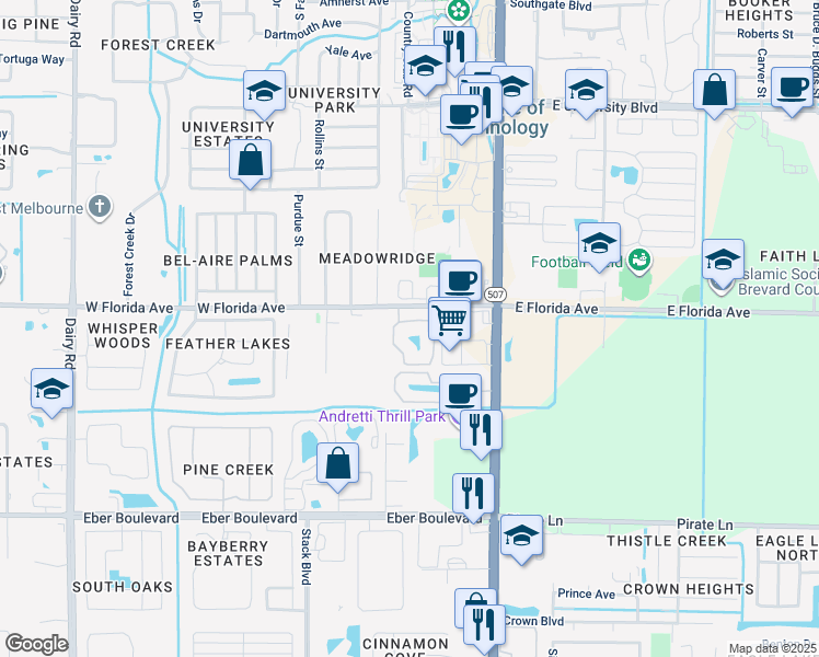 map of restaurants, bars, coffee shops, grocery stores, and more near 3502 D'Avinci Way in Melbourne