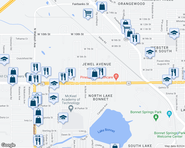map of restaurants, bars, coffee shops, grocery stores, and more near 1028 Jewel Avenue in Lakeland
