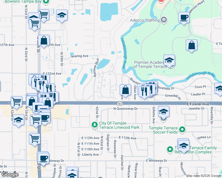 map of restaurants, bars, coffee shops, grocery stores, and more near 11783 Raintree Drive in Temple Terrace