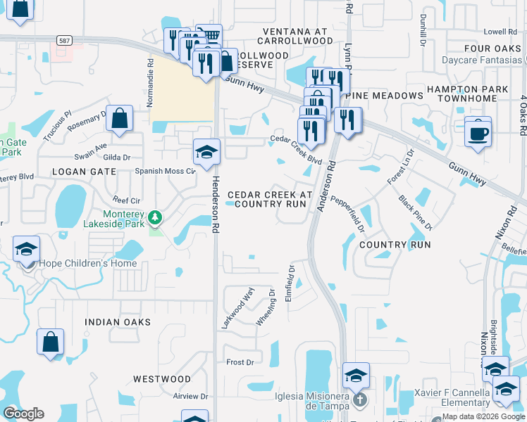 map of restaurants, bars, coffee shops, grocery stores, and more near 11813 Hickorynut Drive in Tampa